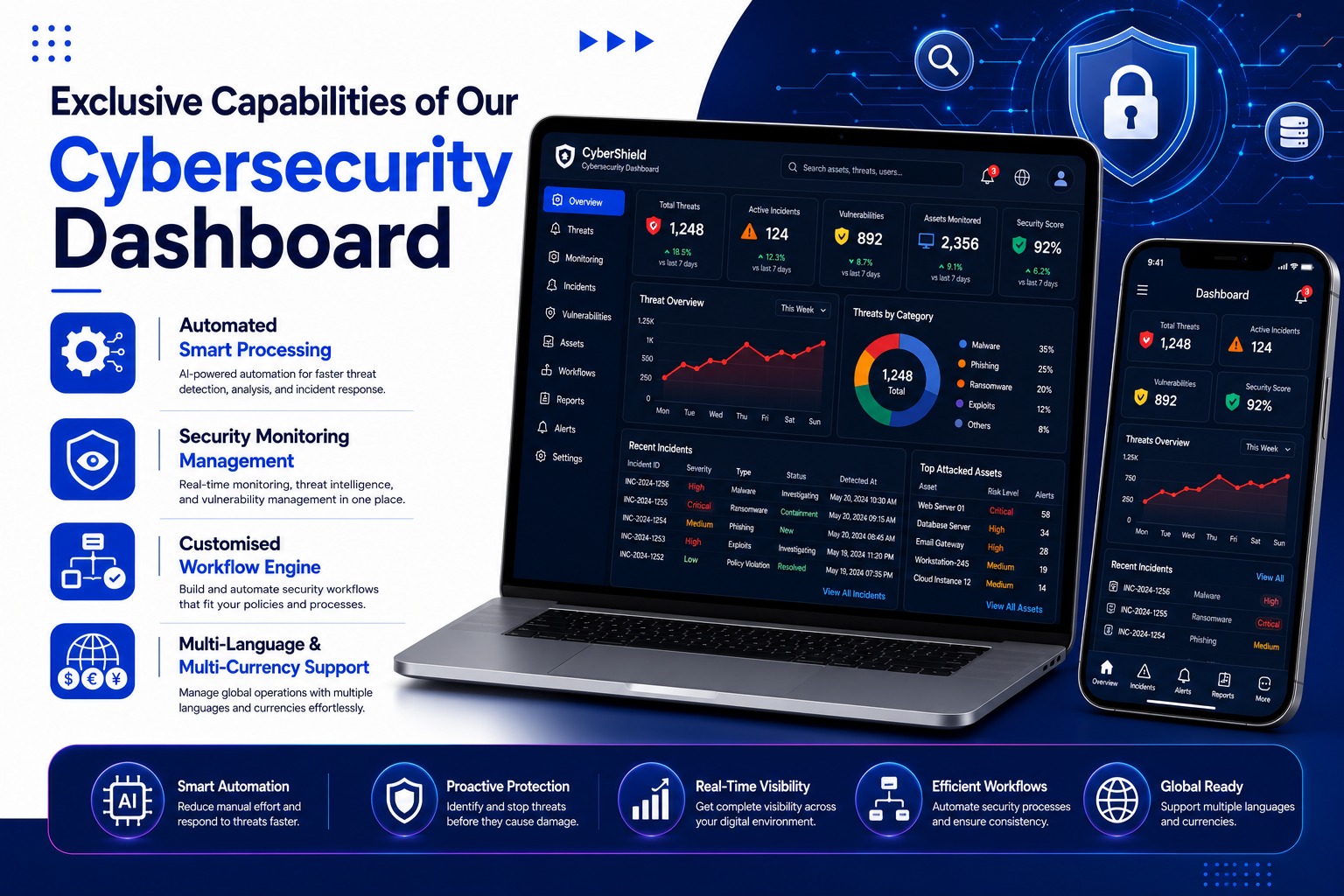 Cybersecurity Dashboard exclusive features illustration showing module management, multi-currency, custom workflows and smart reports