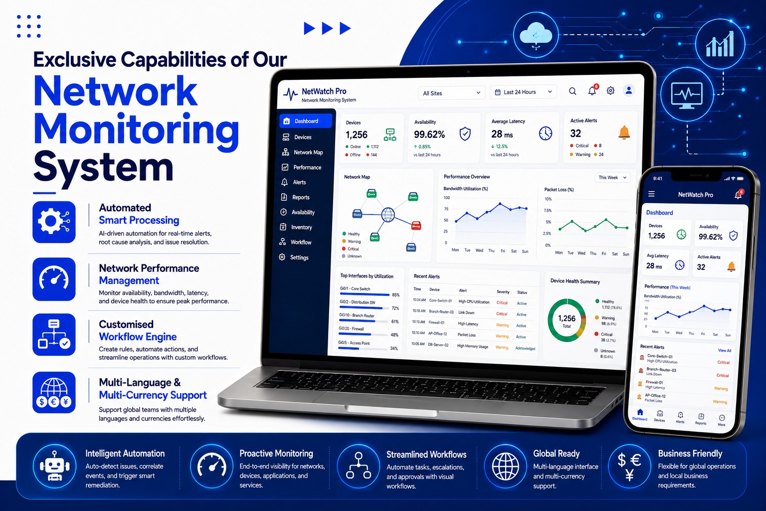 Network Monitoring System exclusive features illustration showing module management, multi-currency, custom workflows and smart reports