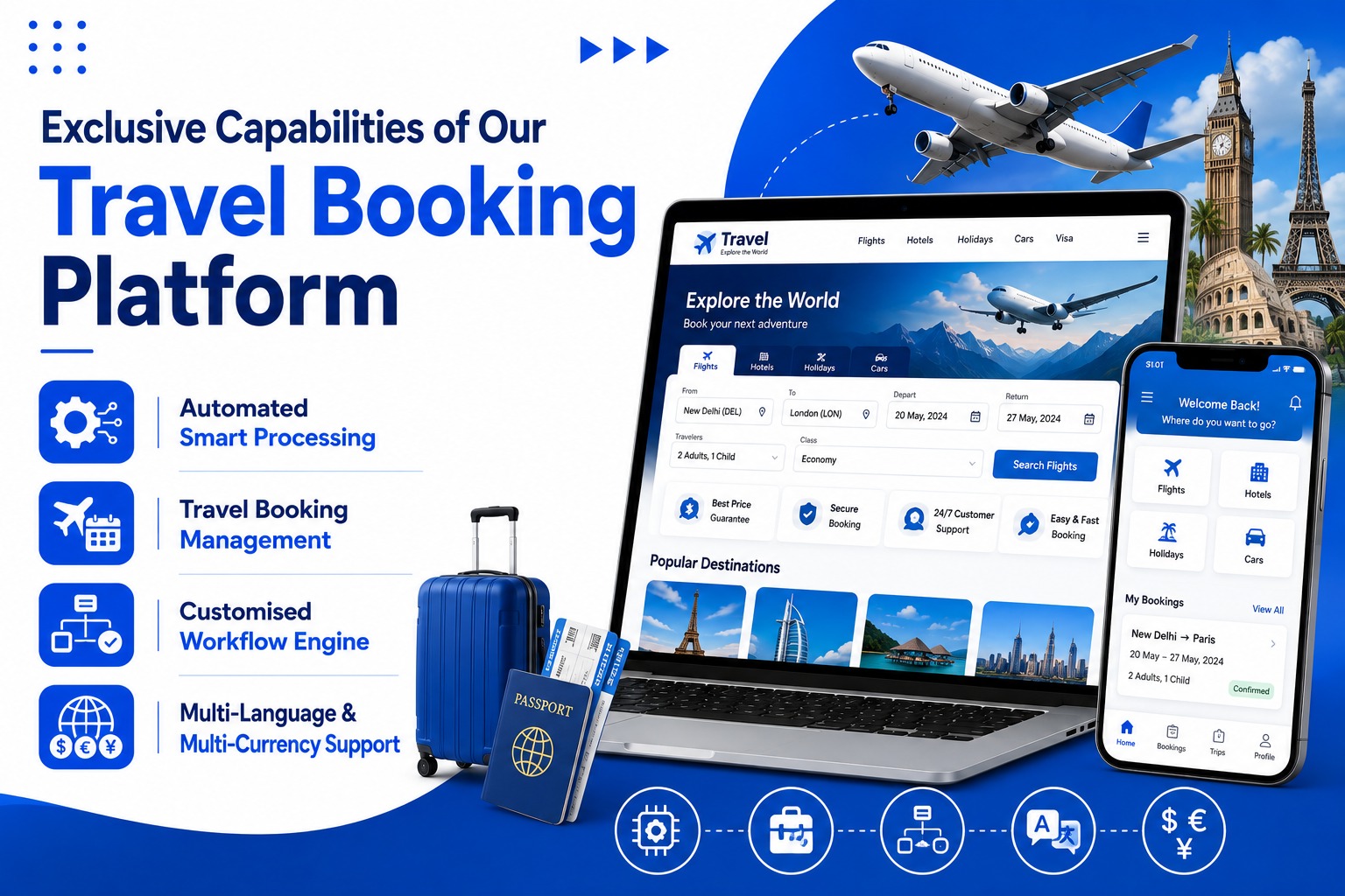 Travel Booking Platform exclusive features illustration showing module management, multi-currency, custom workflows and smart reports